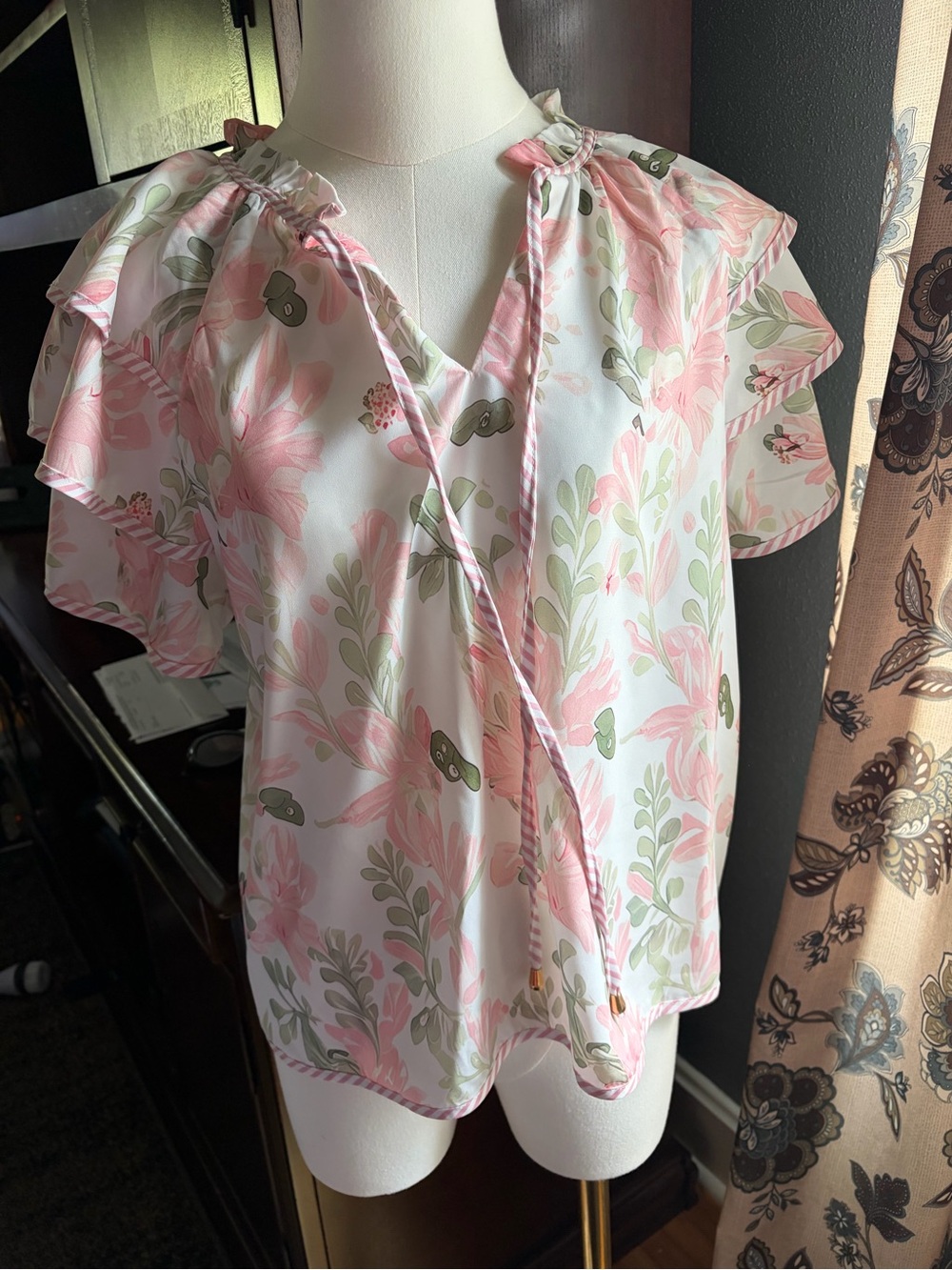 Light Pink Floral Flutter Sleeve Blouse